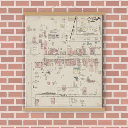Old map wall art mockup — magnetic wood frame on brick wall — Sanborn Fire Insurance Map from Asheville, Buncombe County, North Carolina (1885), Sheet #0002
