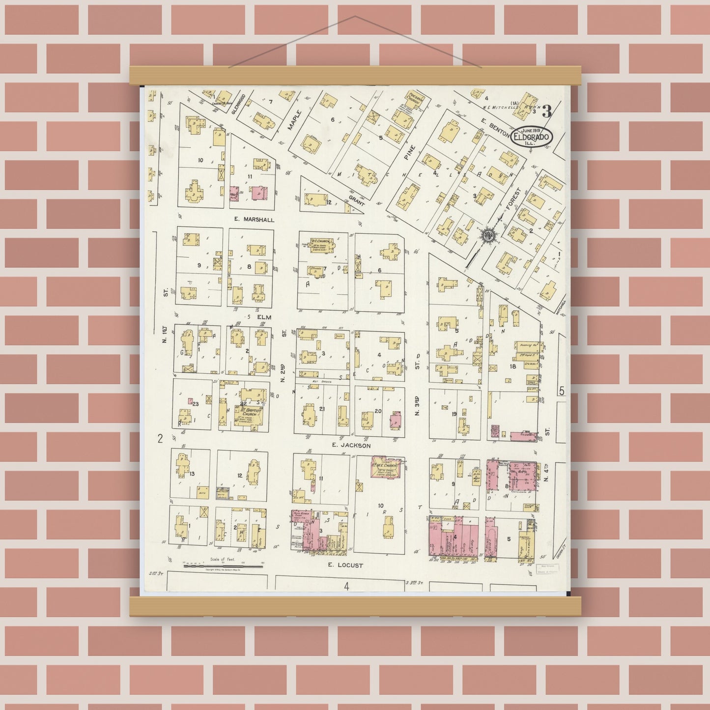 Old map wall art mockup — magnetic wood frame on brick wall — Sanborn Fire Insurance Map from Eldorado, Saline County, Illinois (1919), Sheet #0003