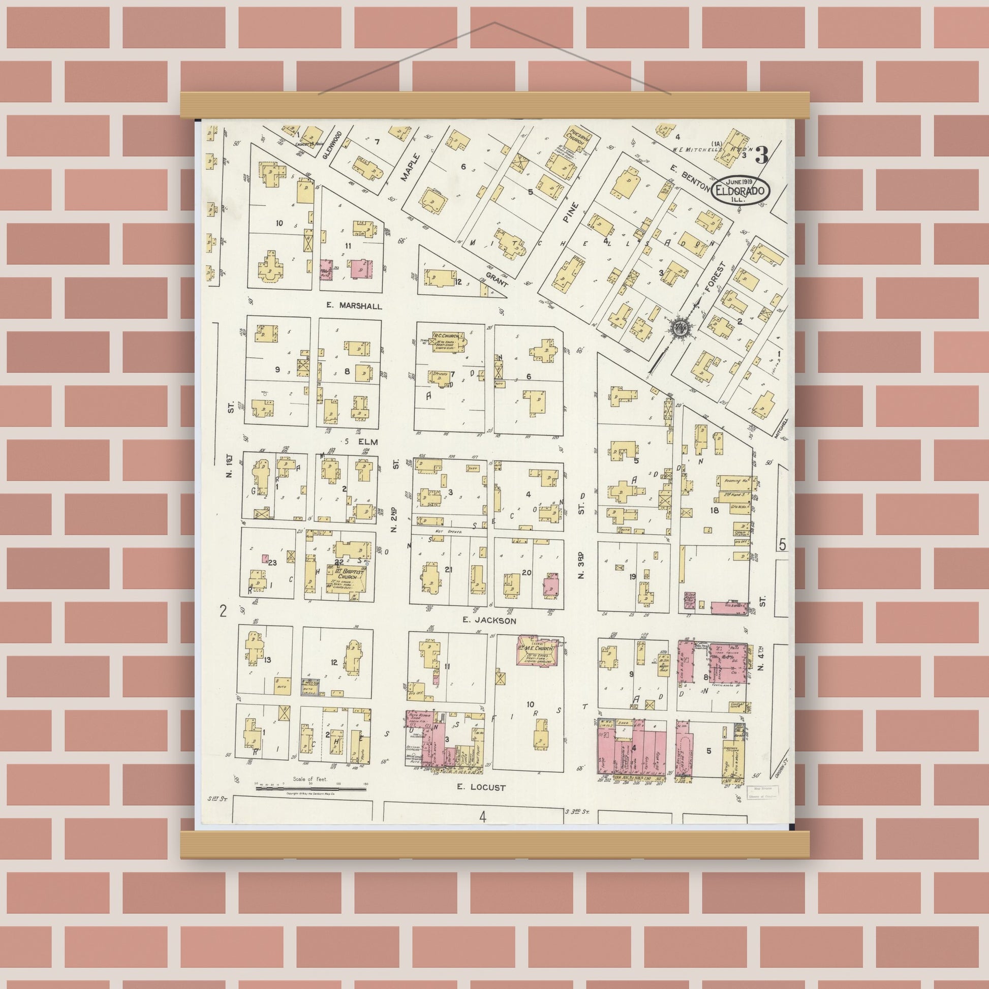 Old map wall art mockup — magnetic wood frame on brick wall — Sanborn Fire Insurance Map from Eldorado, Saline County, Illinois (1919), Sheet #0003