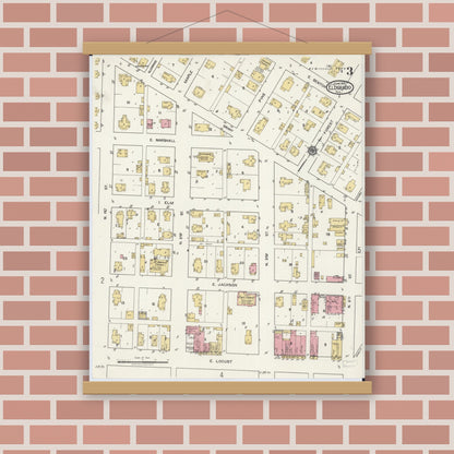 Old map wall art mockup — magnetic wood frame on brick wall — Sanborn Fire Insurance Map from Eldorado, Saline County, Illinois (1919), Sheet #0003