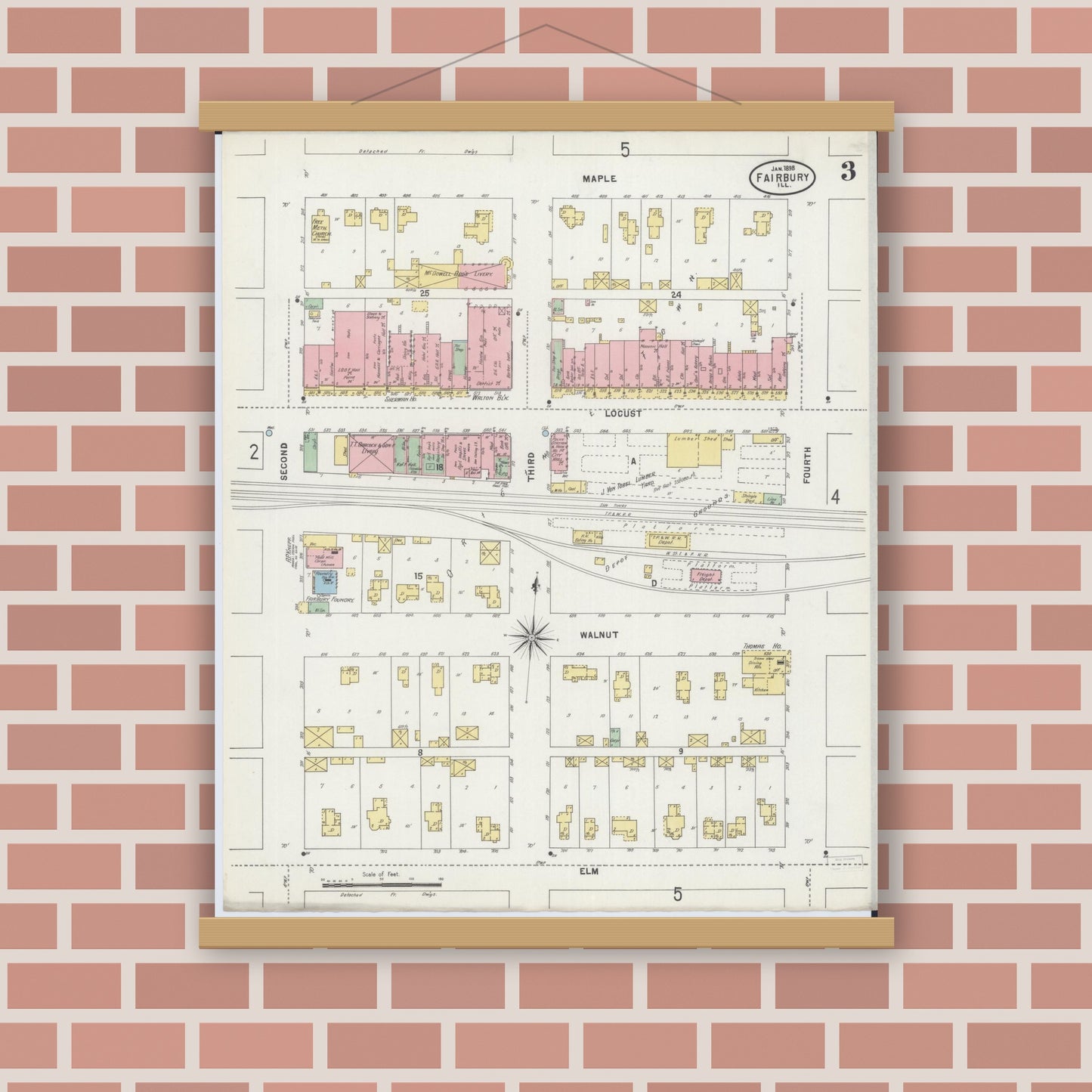 Old map wall art mockup — magnetic wood frame on brick wall — Sanborn Fire Insurance Map from Fairbury, Livingston County, Illinois (1898), Sheet #0003