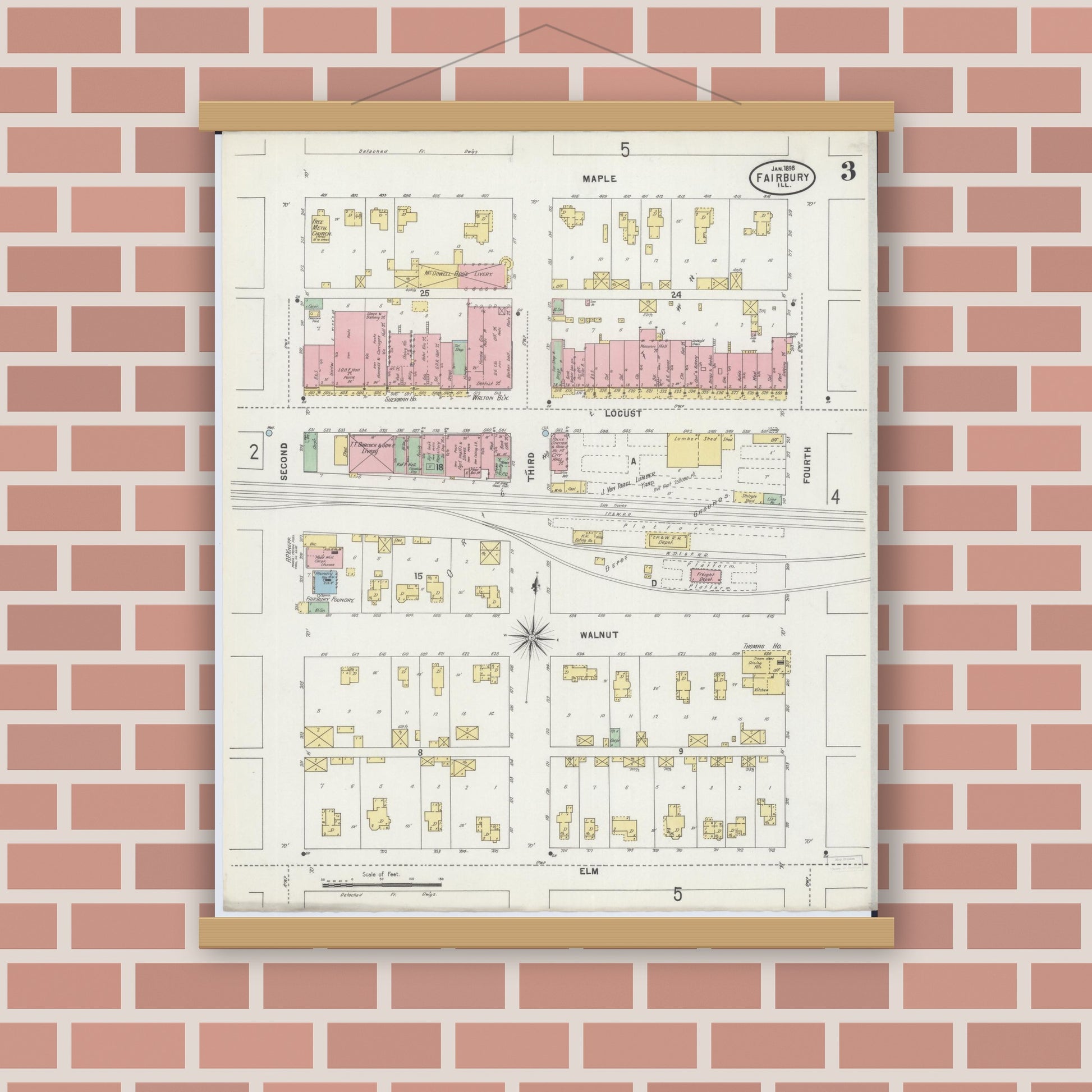 Old map wall art mockup — magnetic wood frame on brick wall — Sanborn Fire Insurance Map from Fairbury, Livingston County, Illinois (1898), Sheet #0003