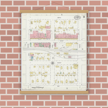 Old map wall art mockup — magnetic wood frame on brick wall — Sanborn Fire Insurance Map from Fairbury, Livingston County, Illinois (1898), Sheet #0003