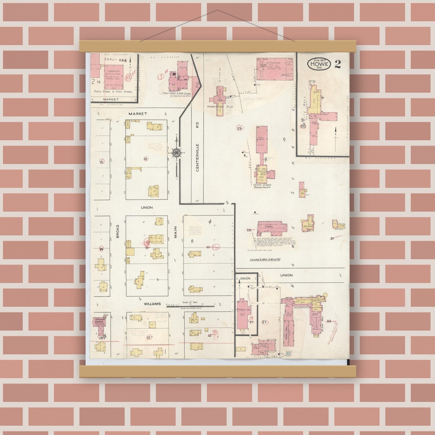 Old map wall art mockup — magnetic wood frame on brick wall — Sanborn Fire Insurance Map from Howe, LaGrange County, Indiana (1933), Sheet #0002