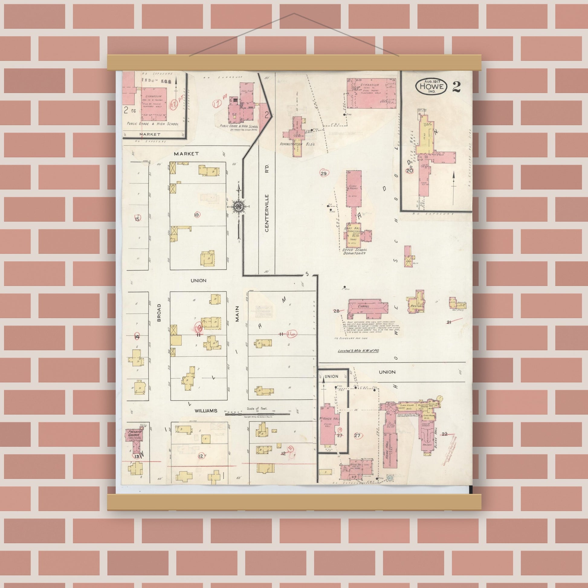 Old map wall art mockup — magnetic wood frame on brick wall — Sanborn Fire Insurance Map from Howe, LaGrange County, Indiana (1933), Sheet #0002