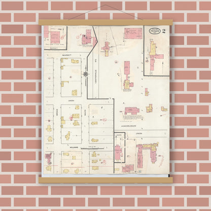 Old map wall art mockup — magnetic wood frame on brick wall — Sanborn Fire Insurance Map from Howe, LaGrange County, Indiana (1933), Sheet #0002