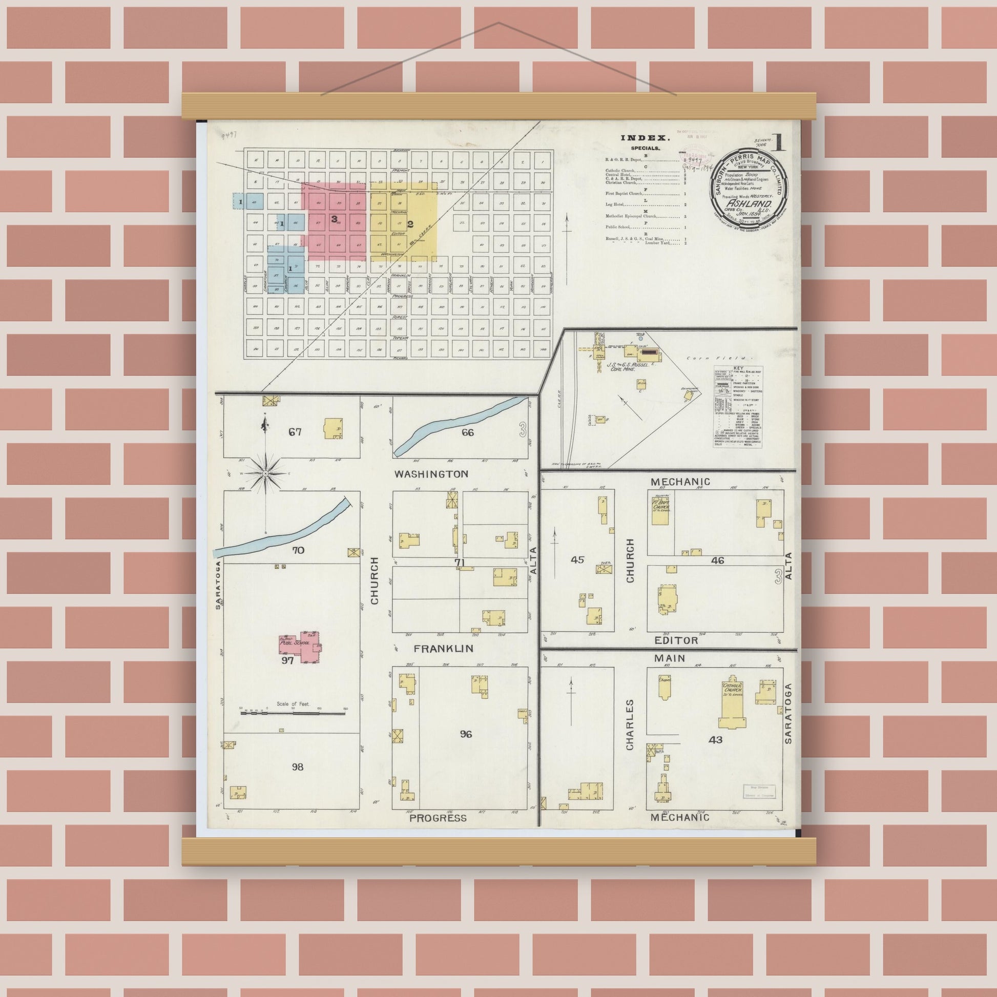 Old map wall art mockup — magnetic wood frame on brick wall — Sanborn Fire Insurance Map from Ashland, Cass County, Illinois (1894) - Complete Map Set