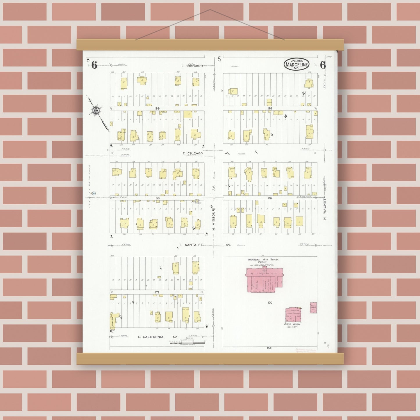 Old map wall art mockup — magnetic wood frame on brick wall — Sanborn Fire Insurance Map from Marceline, Linn County, Missouri (1930), Sheet #0006