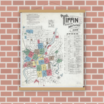 Old map wall art mockup — magnetic wood frame on brick wall — Sanborn Fire Insurance Map from Tiffin, Seneca County, Ohio (1901), Sheet #0001