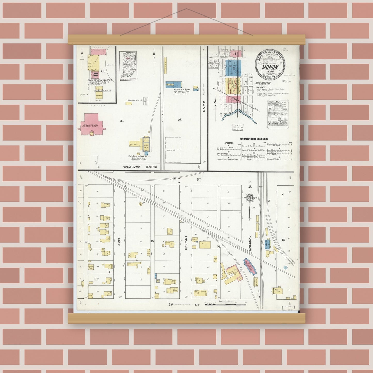 Old map wall art mockup — magnetic wood frame on brick wall — Sanborn Fire Insurance Map from Monon, White County, Indiana (1916), Sheet #0001