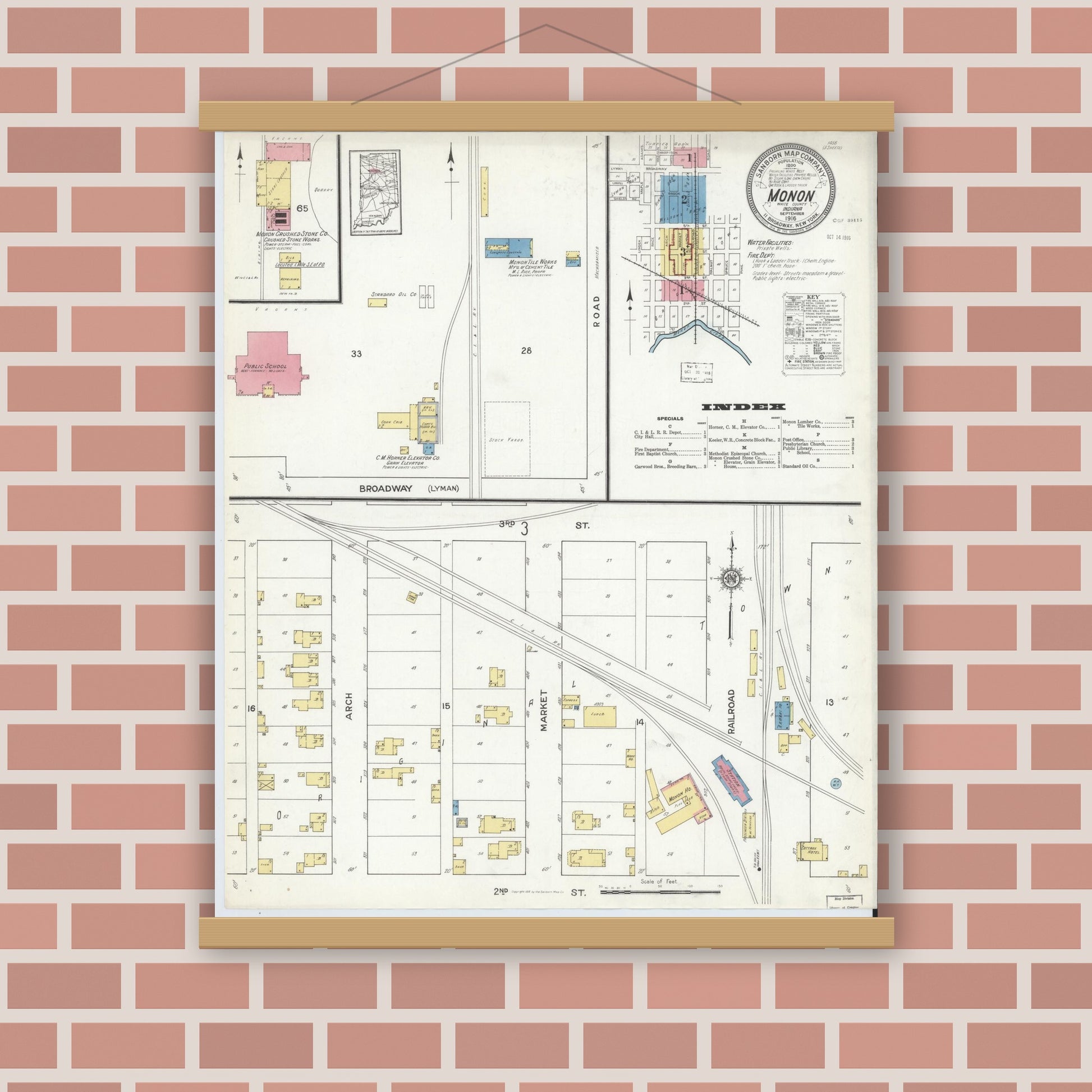 Old map wall art mockup — magnetic wood frame on brick wall — Sanborn Fire Insurance Map from Monon, White County, Indiana (1916), Sheet #0001