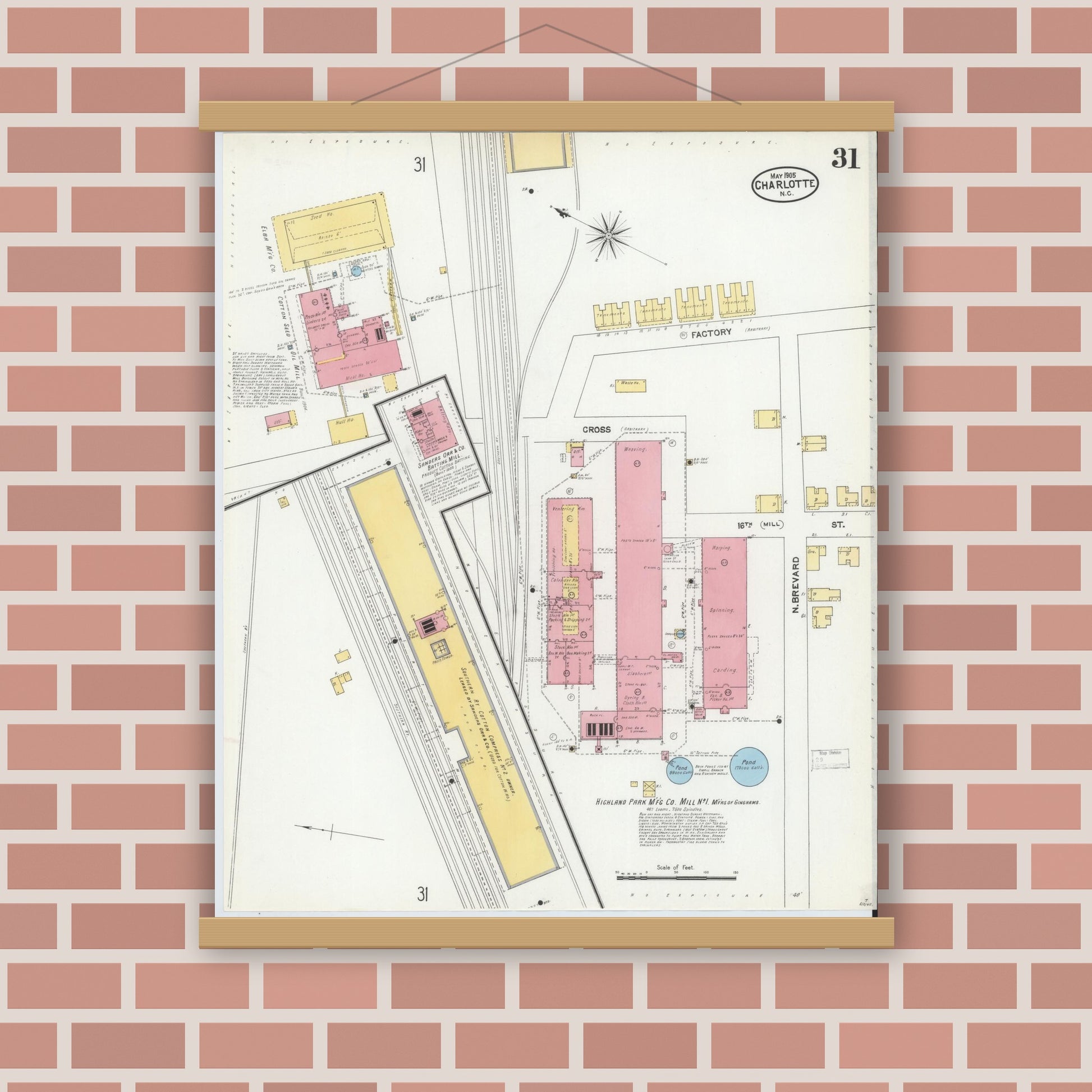 Old map wall art mockup — magnetic wood frame on brick wall — Sanborn Fire Insurance Map from Charlotte, Mecklenburg County, North Carolina (1905), Sheet #0031