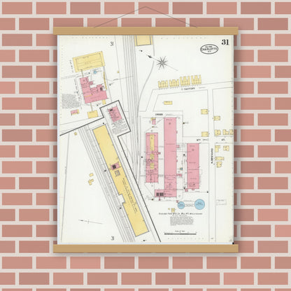 Old map wall art mockup — magnetic wood frame on brick wall — Sanborn Fire Insurance Map from Charlotte, Mecklenburg County, North Carolina (1905), Sheet #0031