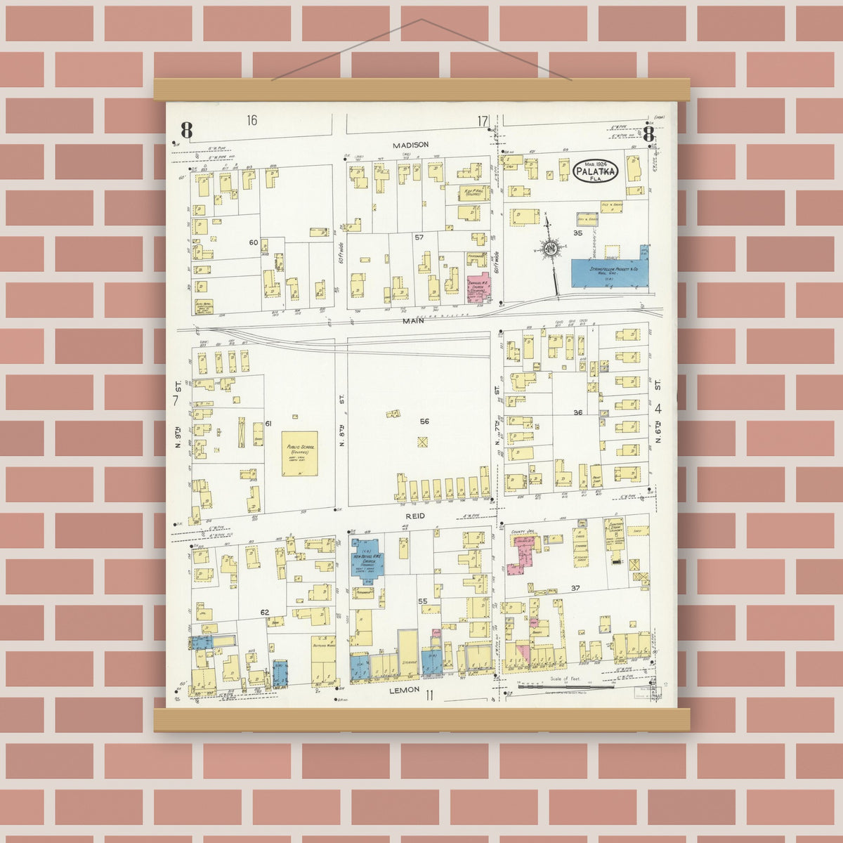 Old map wall art mockup — magnetic wood frame on brick wall — Sanborn Fire Insurance Map from Palatka, Putnam County, Florida (1924), Sheet #0008