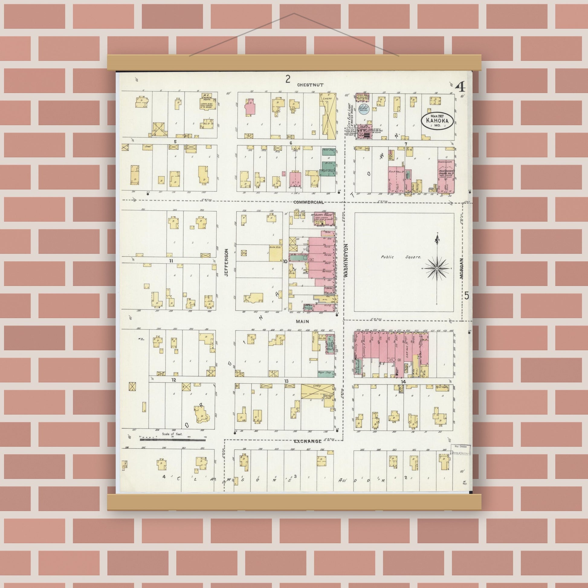 Old map wall art mockup — magnetic wood frame on brick wall — Sanborn Fire Insurance Map from Kahoka, Clark County, Missouri (1907), Sheet #0004