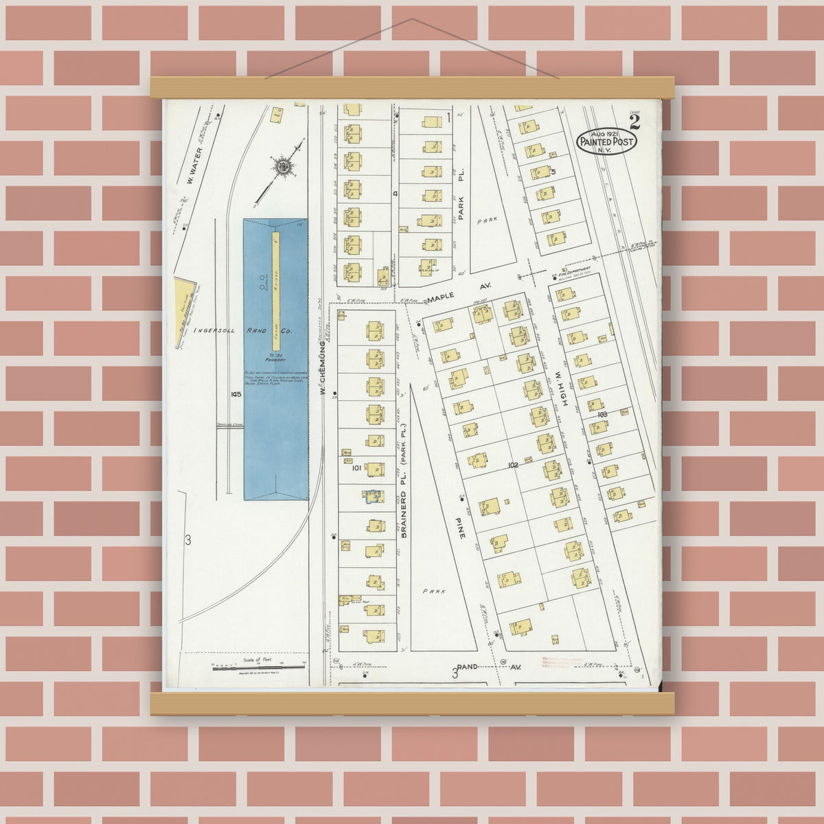 Old map wall art mockup — magnetic wood frame on brick wall — Sanborn Fire Insurance Map from Painted Post, Steuben County, New York (1921), Sheet #0002