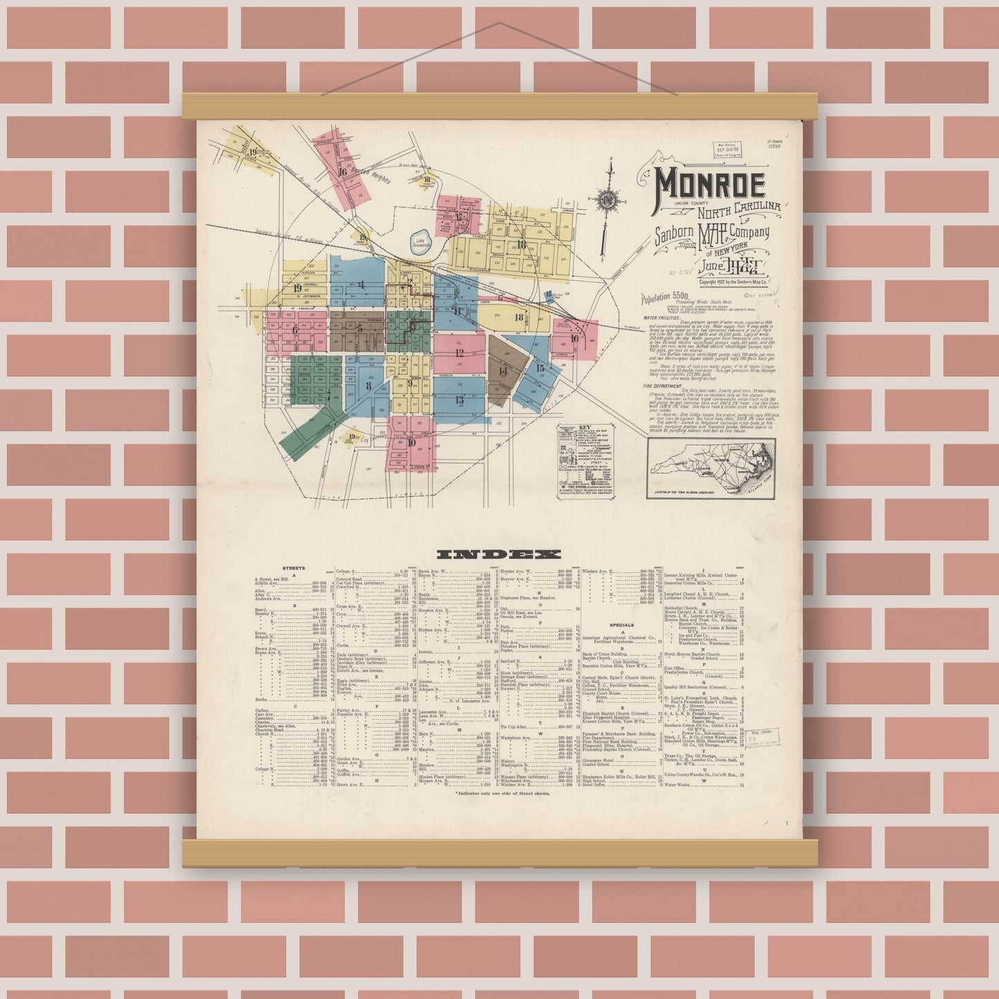 Old map wall art mockup — magnetic wood frame on brick wall — Sanborn Fire Insurance Map from Monroe, Union County, North Carolina (1922), Sheet #0001