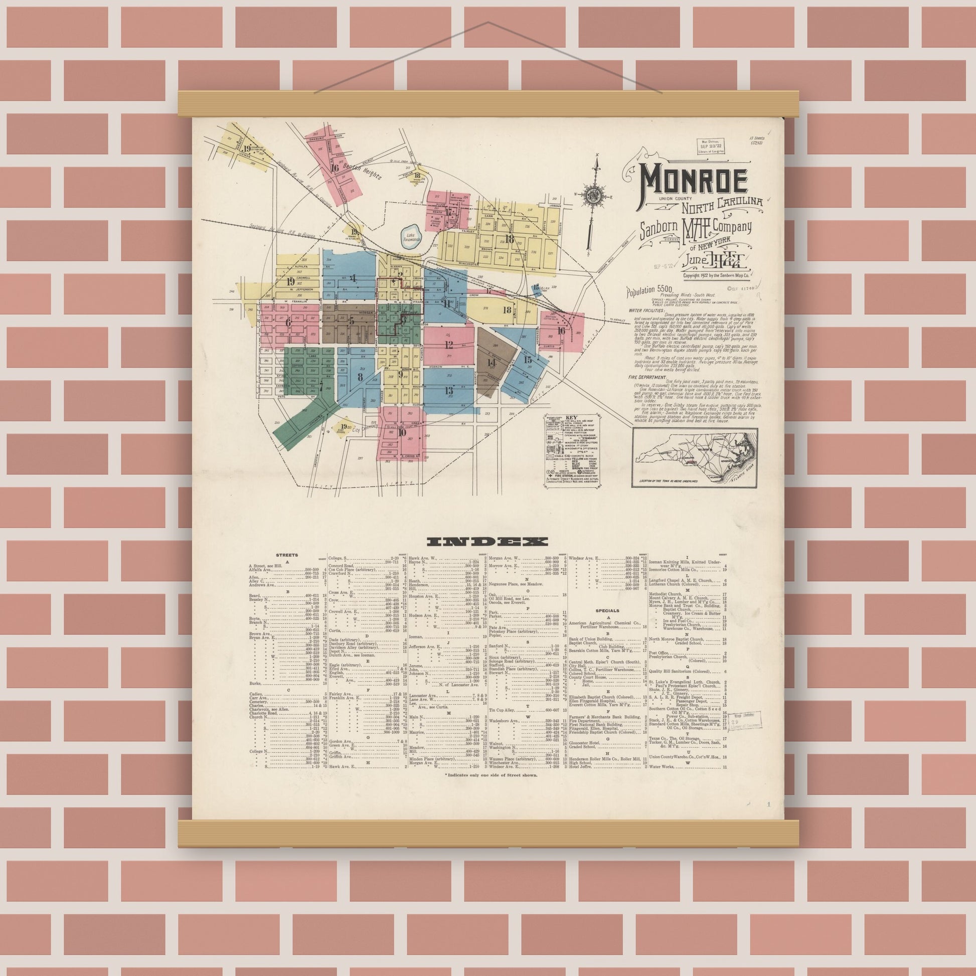 Old map wall art mockup — magnetic wood frame on brick wall — Sanborn Fire Insurance Map from Monroe, Union County, North Carolina (1922), Sheet #0001
