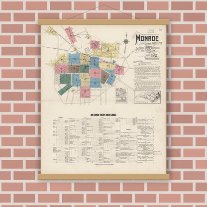Old map wall art mockup — magnetic wood frame on brick wall — Sanborn Fire Insurance Map from Monroe, Union County, North Carolina (1922), Sheet #0001