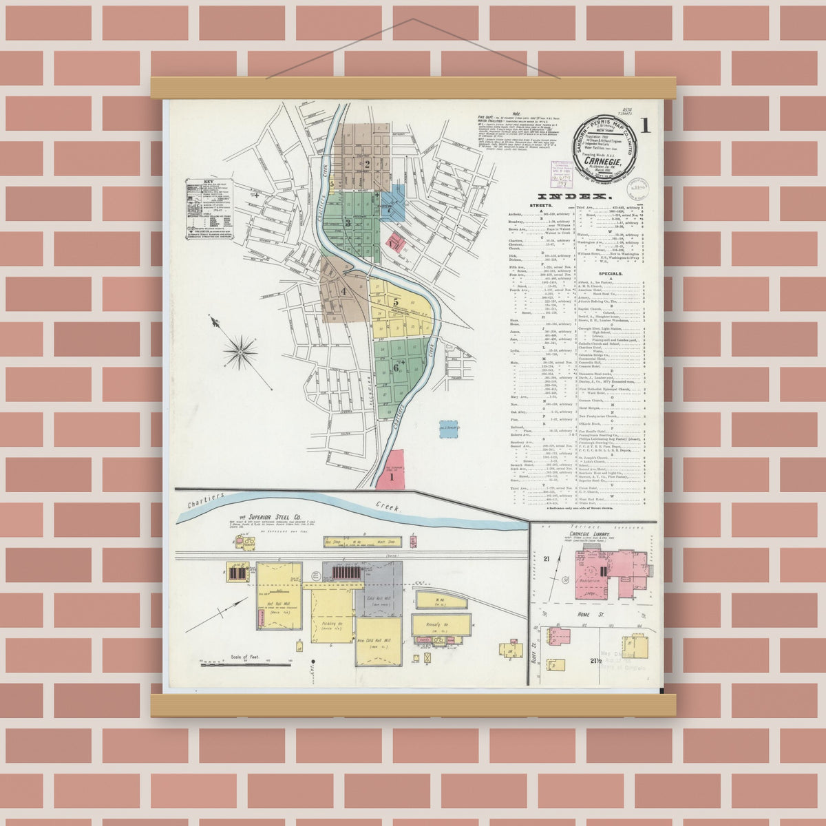 Old map wall art mockup — magnetic wood frame on brick wall — Sanborn Fire Insurance Map from Carnegie, Allegheny County, Pennsylvania (1901) - Complete Map Set