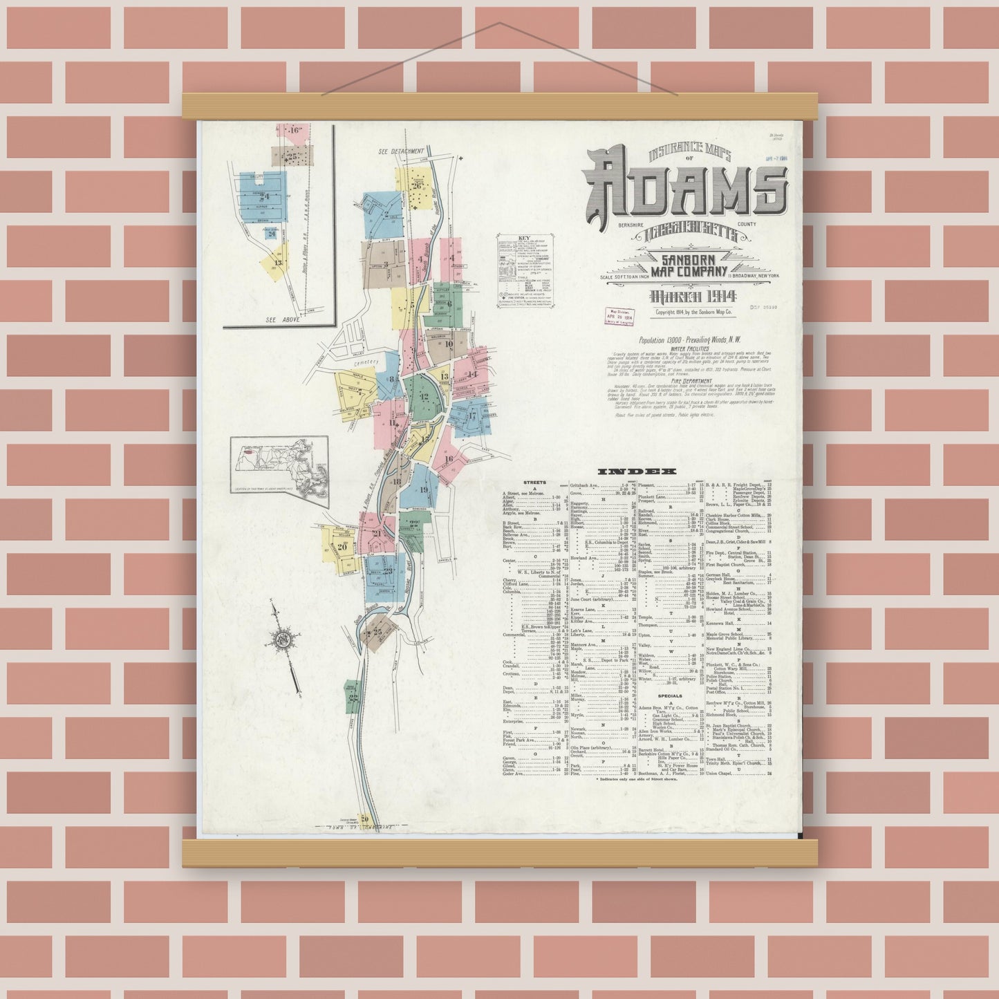 Old map wall art mockup — magnetic wood frame on brick wall — Sanborn Fire Insurance Map from Adams, Berkshire County, Massachusetts (1914), Sheet #0001