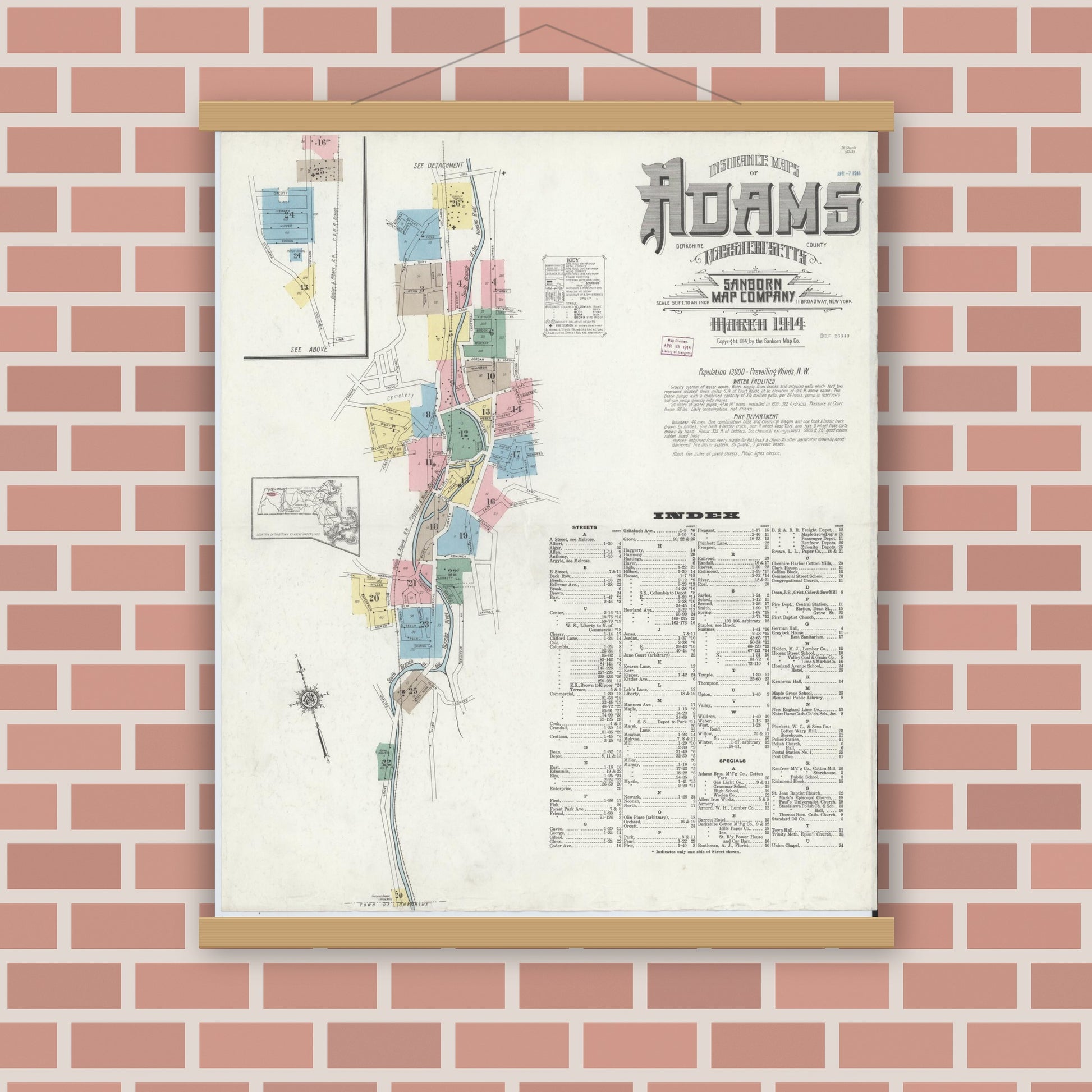 Old map wall art mockup — magnetic wood frame on brick wall — Sanborn Fire Insurance Map from Adams, Berkshire County, Massachusetts (1914), Sheet #0001