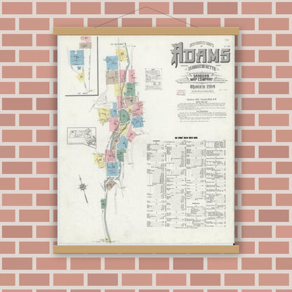 Old map wall art mockup — magnetic wood frame on brick wall — Sanborn Fire Insurance Map from Adams, Berkshire County, Massachusetts (1914), Sheet #0001