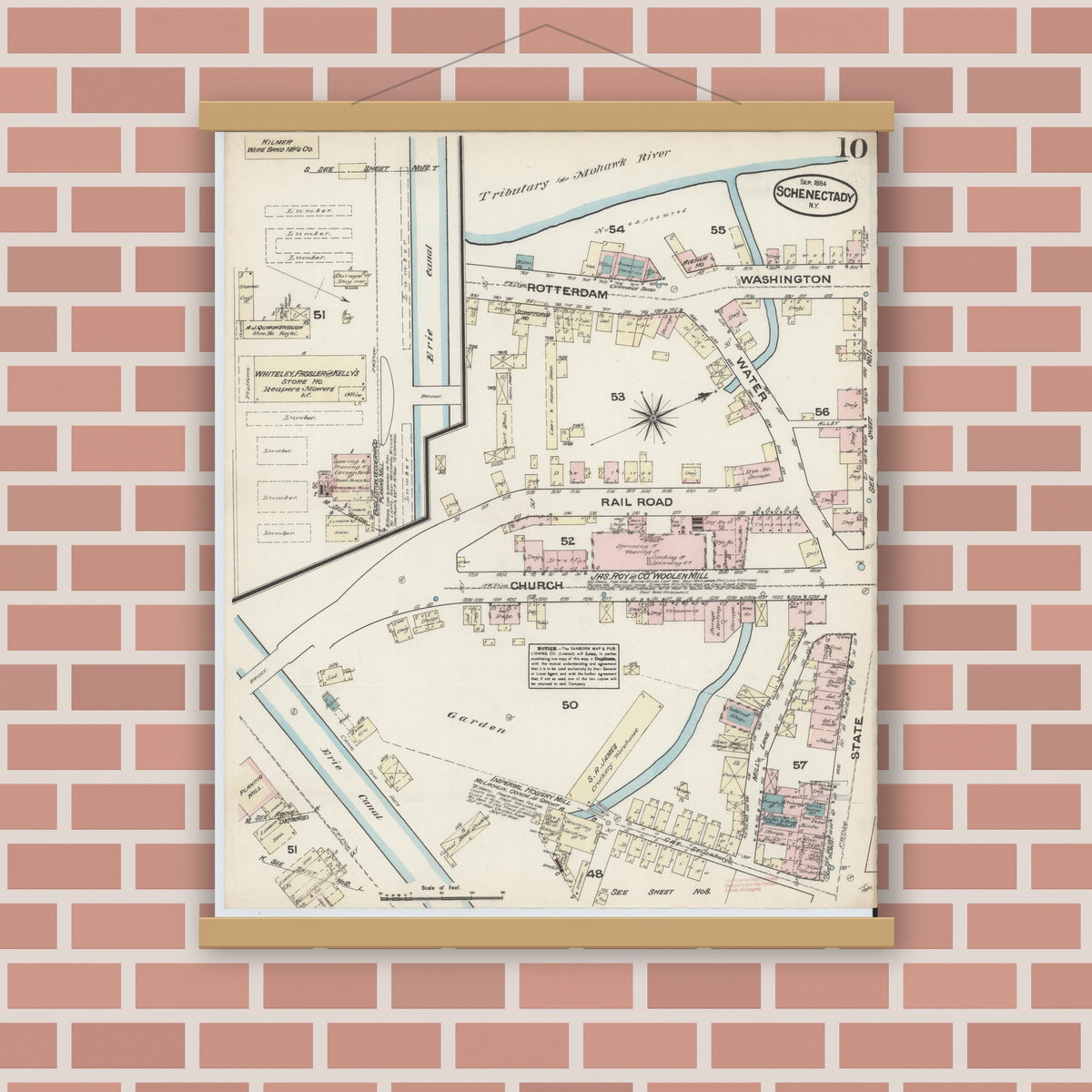 Old map wall art mockup — magnetic wood frame on brick wall — Sanborn Fire Insurance Map from Schenectady, Schenectady County, New York (1884), Sheet #0010