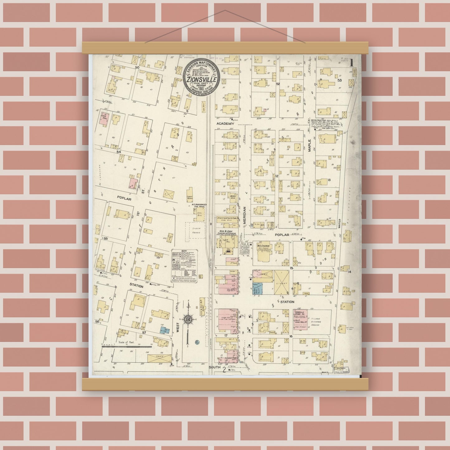 Old map wall art mockup — magnetic wood frame on brick wall — Sanborn Fire Insurance Map from Zionsville, Boone County, Indiana (1910) - Complete Map Set