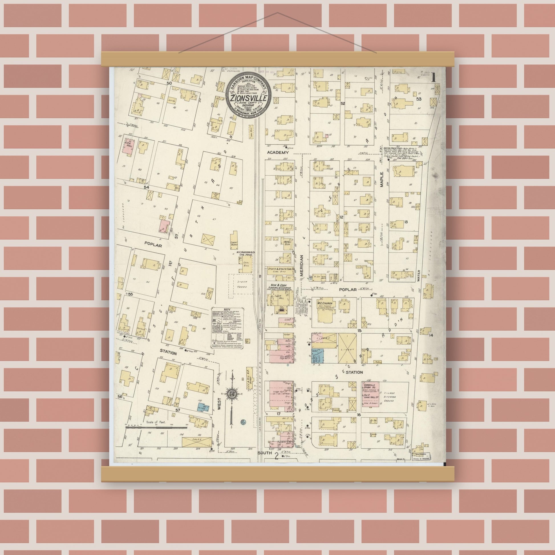 Old map wall art mockup — magnetic wood frame on brick wall — Sanborn Fire Insurance Map from Zionsville, Boone County, Indiana (1910) - Complete Map Set