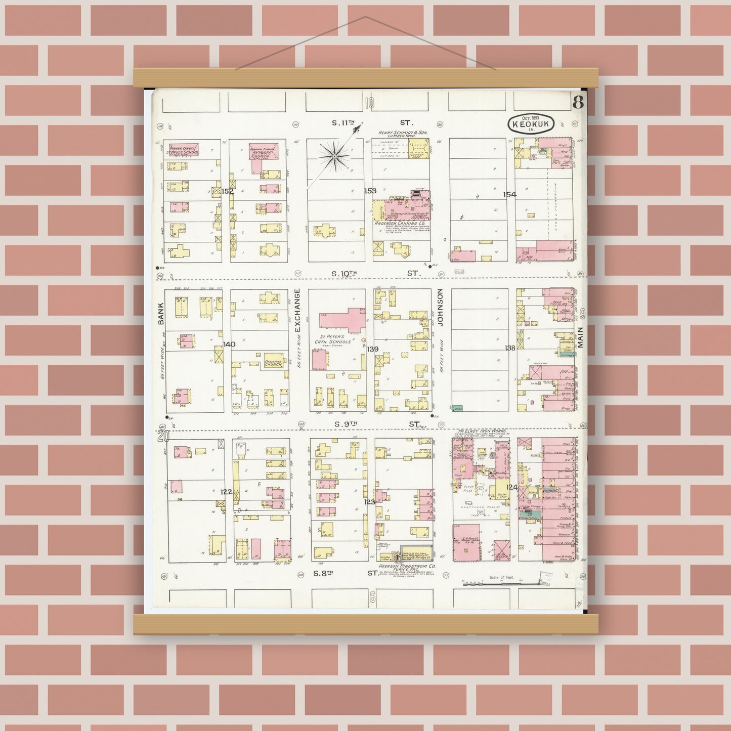 Old map wall art mockup — magnetic wood frame on brick wall — Sanborn Fire Insurance Map from Keokuk, Lee County, Iowa (1893), Sheet #0008
