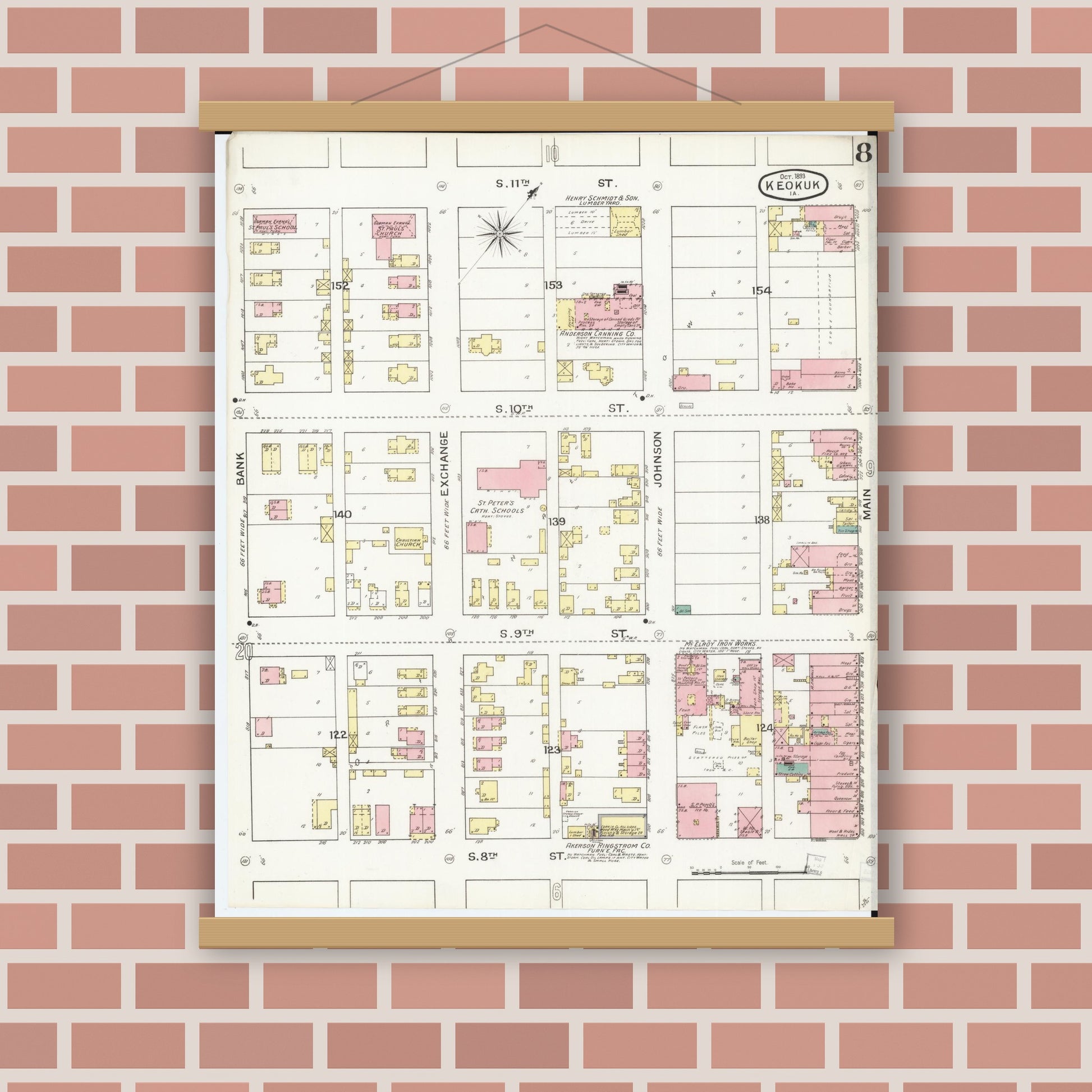 Old map wall art mockup — magnetic wood frame on brick wall — Sanborn Fire Insurance Map from Keokuk, Lee County, Iowa (1893), Sheet #0008