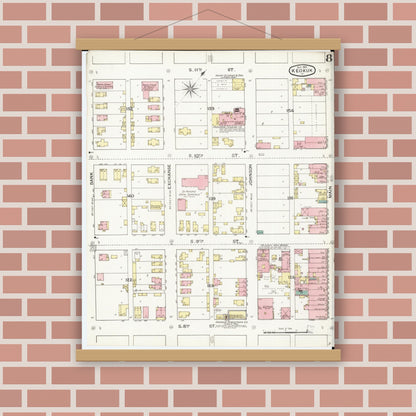 Old map wall art mockup — magnetic wood frame on brick wall — Sanborn Fire Insurance Map from Keokuk, Lee County, Iowa (1893), Sheet #0008