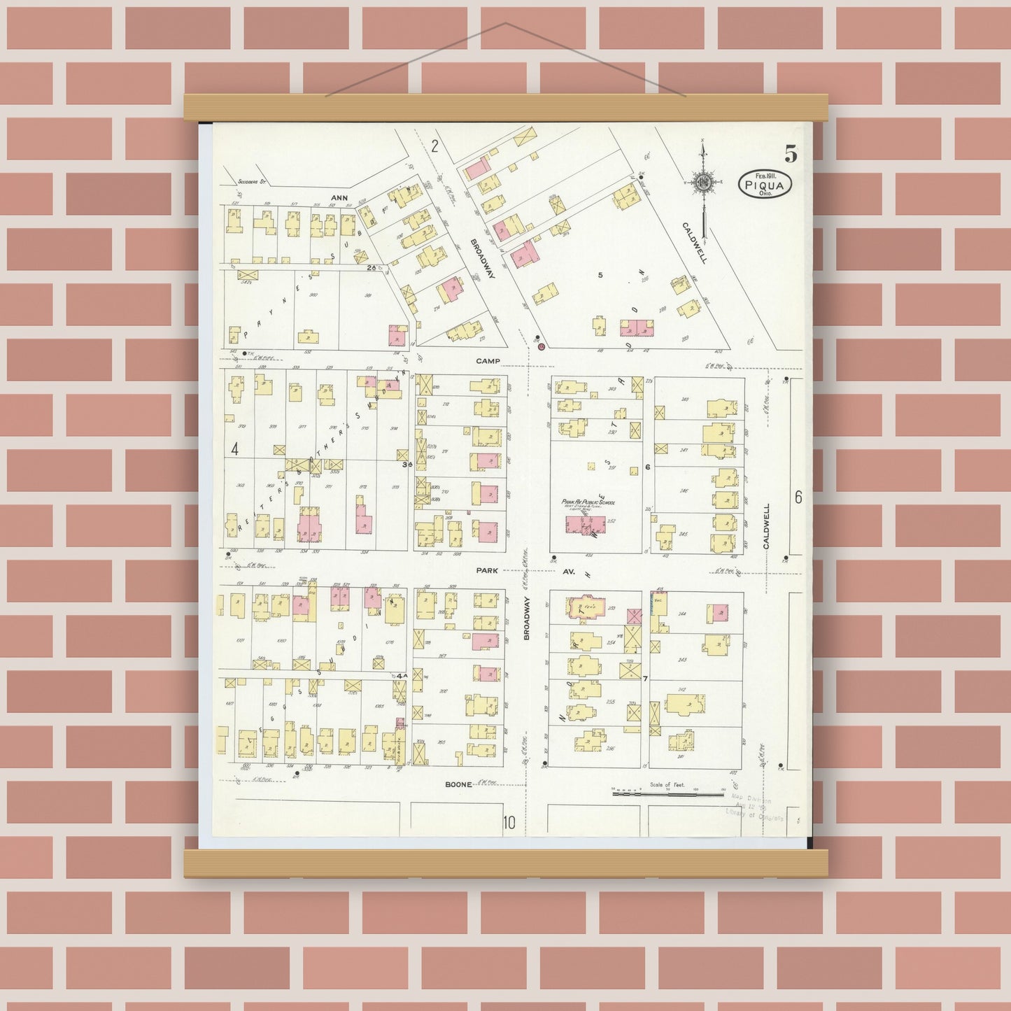 Old map wall art mockup — magnetic wood frame on brick wall — Sanborn Fire Insurance Map from Piqua, Miami County, Ohio (1911), Sheet #0005