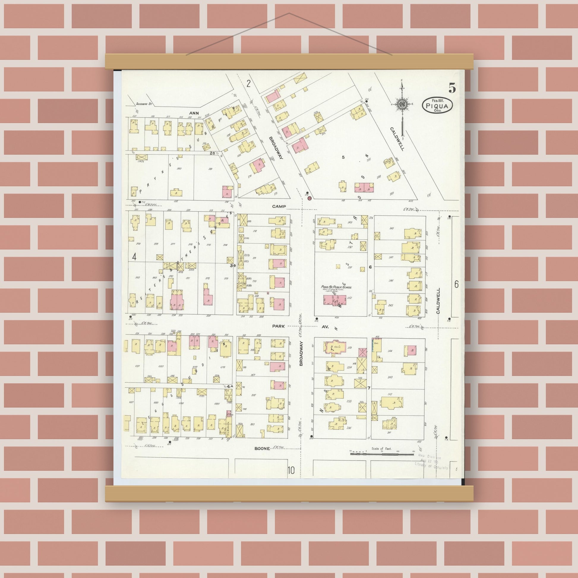 Old map wall art mockup — magnetic wood frame on brick wall — Sanborn Fire Insurance Map from Piqua, Miami County, Ohio (1911), Sheet #0005