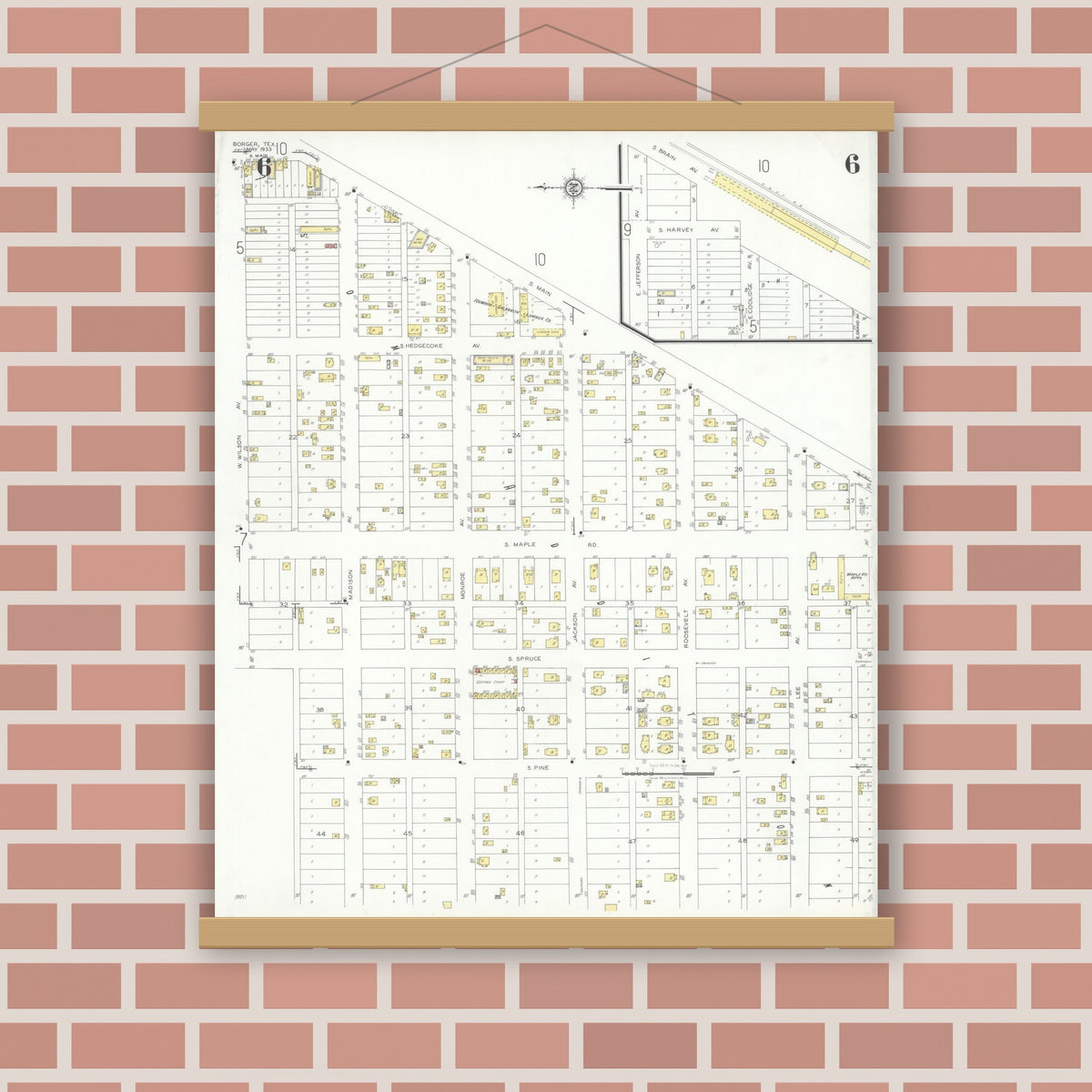 Old map wall art mockup — magnetic wood frame on brick wall — Sanborn Fire Insurance Map from Borger, Hutchinson County, Texas (1933), Sheet #0006