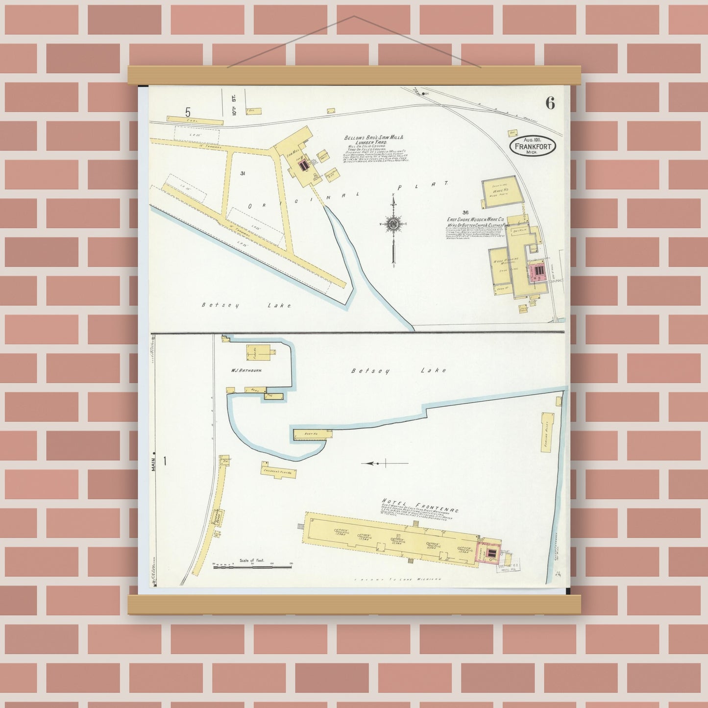 Old map wall art mockup — magnetic wood frame on brick wall — Sanborn Fire Insurance Map from Frankfort, Benzie County, Michigan (1911), Sheet #0006