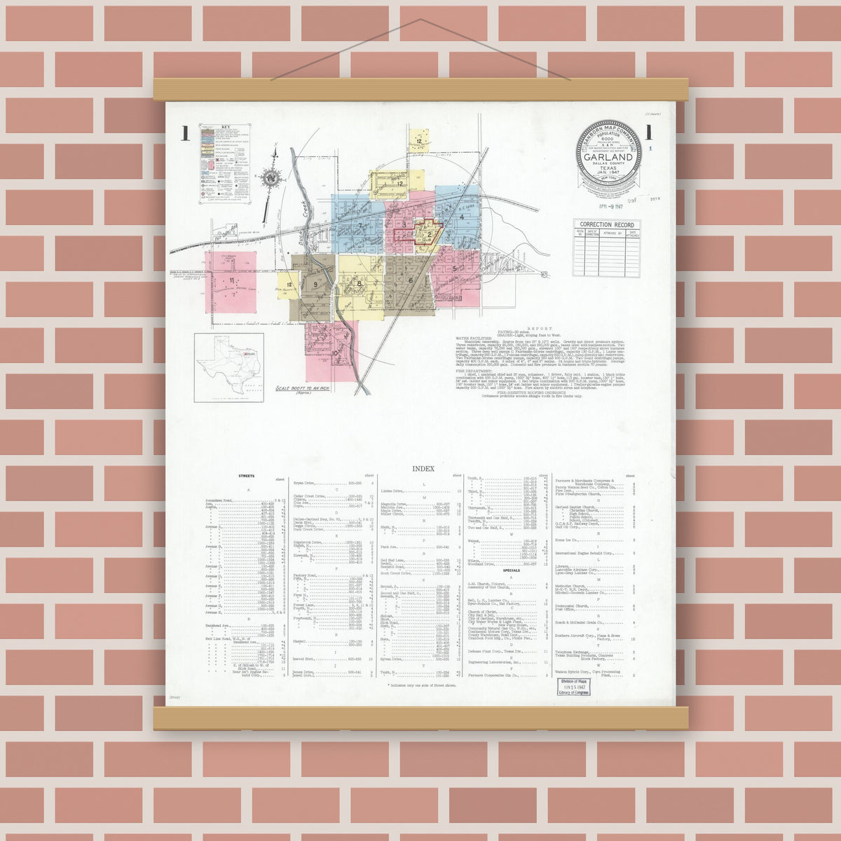 Old map wall art mockup — magnetic wood frame on brick wall — Sanborn Fire Insurance Map from Garland, Dallas County, Texas (1947) - Complete Map Set