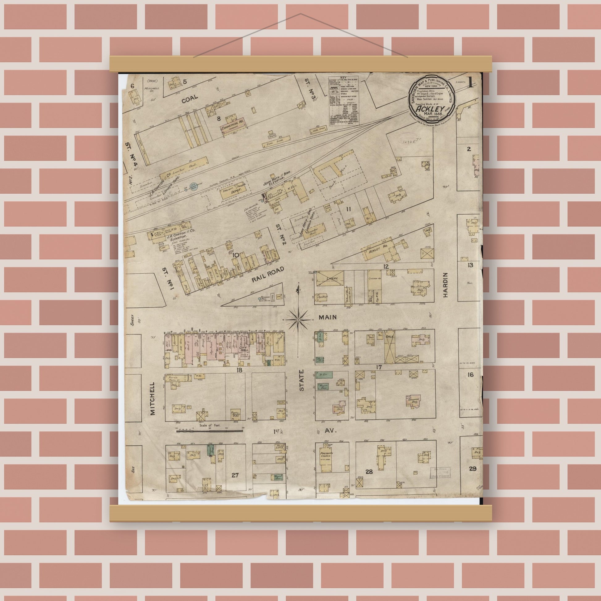Old map wall art mockup — magnetic wood frame on brick wall — Sanborn Fire Insurance Map from Ackley, Hardin and Franklin Counties, Iowa (1888) â€” Complete Set