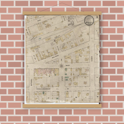 Old map wall art mockup — magnetic wood frame on brick wall — Sanborn Fire Insurance Map from Ackley, Hardin and Franklin Counties, Iowa (1888) â€” Complete Set