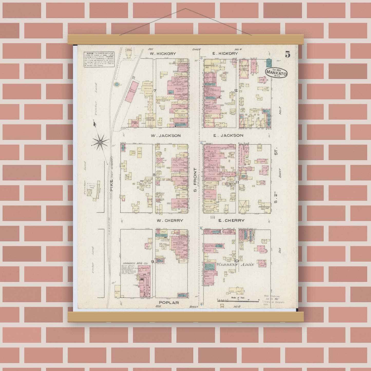 Old map wall art mockup — magnetic wood frame on brick wall — Sanborn Fire Insurance Map from Mankato, Blue Earth County, Minnesota (1884), Sheet #0005