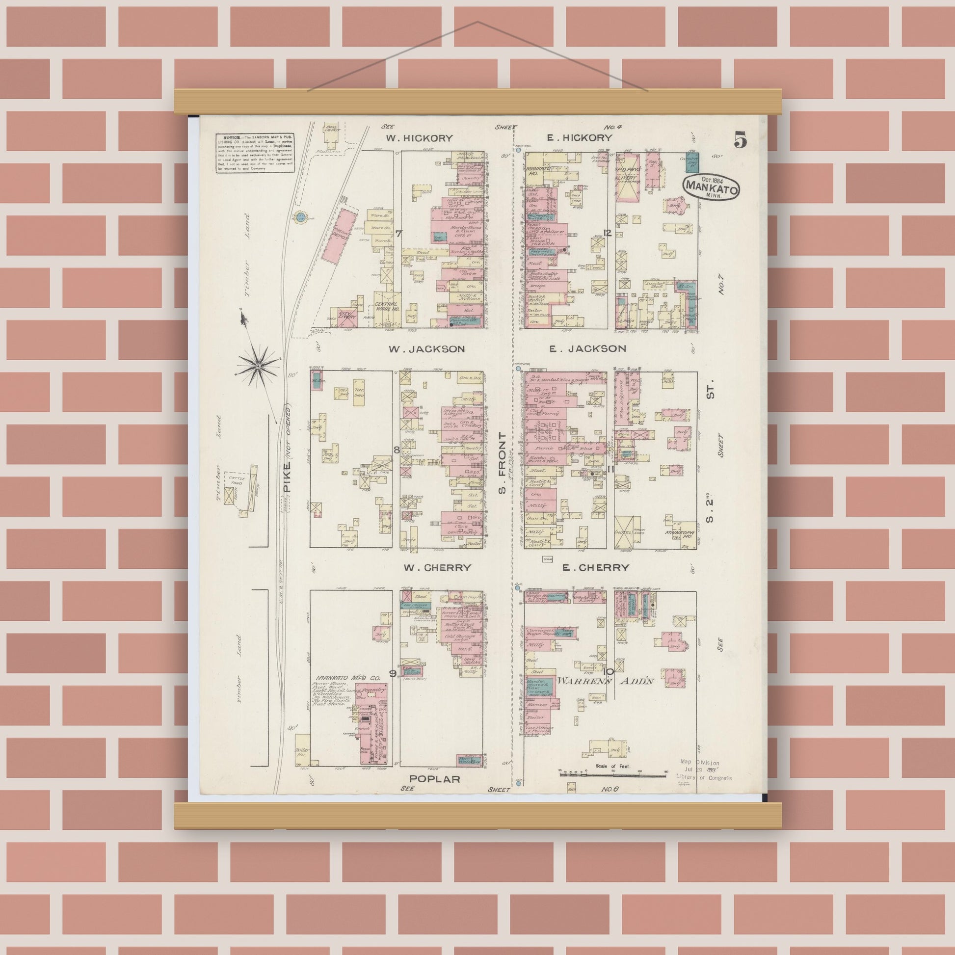 Old map wall art mockup — magnetic wood frame on brick wall — Sanborn Fire Insurance Map from Mankato, Blue Earth County, Minnesota (1884), Sheet #0005