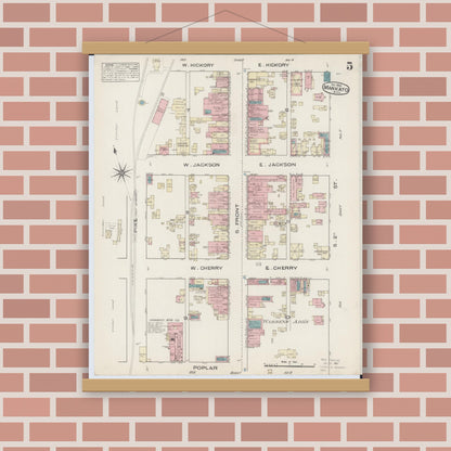 Old map wall art mockup — magnetic wood frame on brick wall — Sanborn Fire Insurance Map from Mankato, Blue Earth County, Minnesota (1884), Sheet #0005