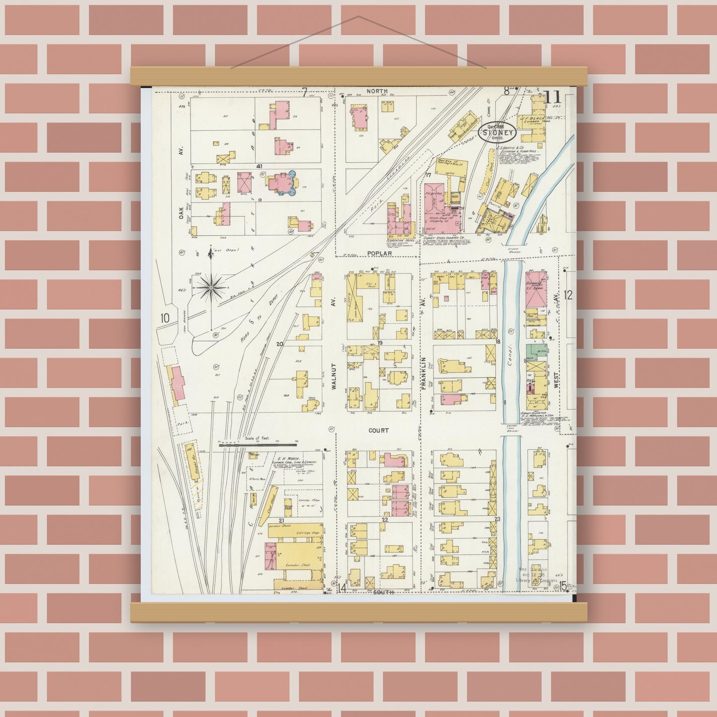 Old map wall art mockup — magnetic wood frame on brick wall — Sanborn Fire Insurance Map from Sidney, Shelby County, Ohio (1898), Sheet #0011