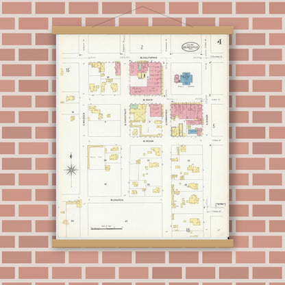 Old map wall art mockup — magnetic wood frame on brick wall — Sanborn Fire Insurance Map from Gainesville, Cooke County, Texas (1908), Sheet #0004