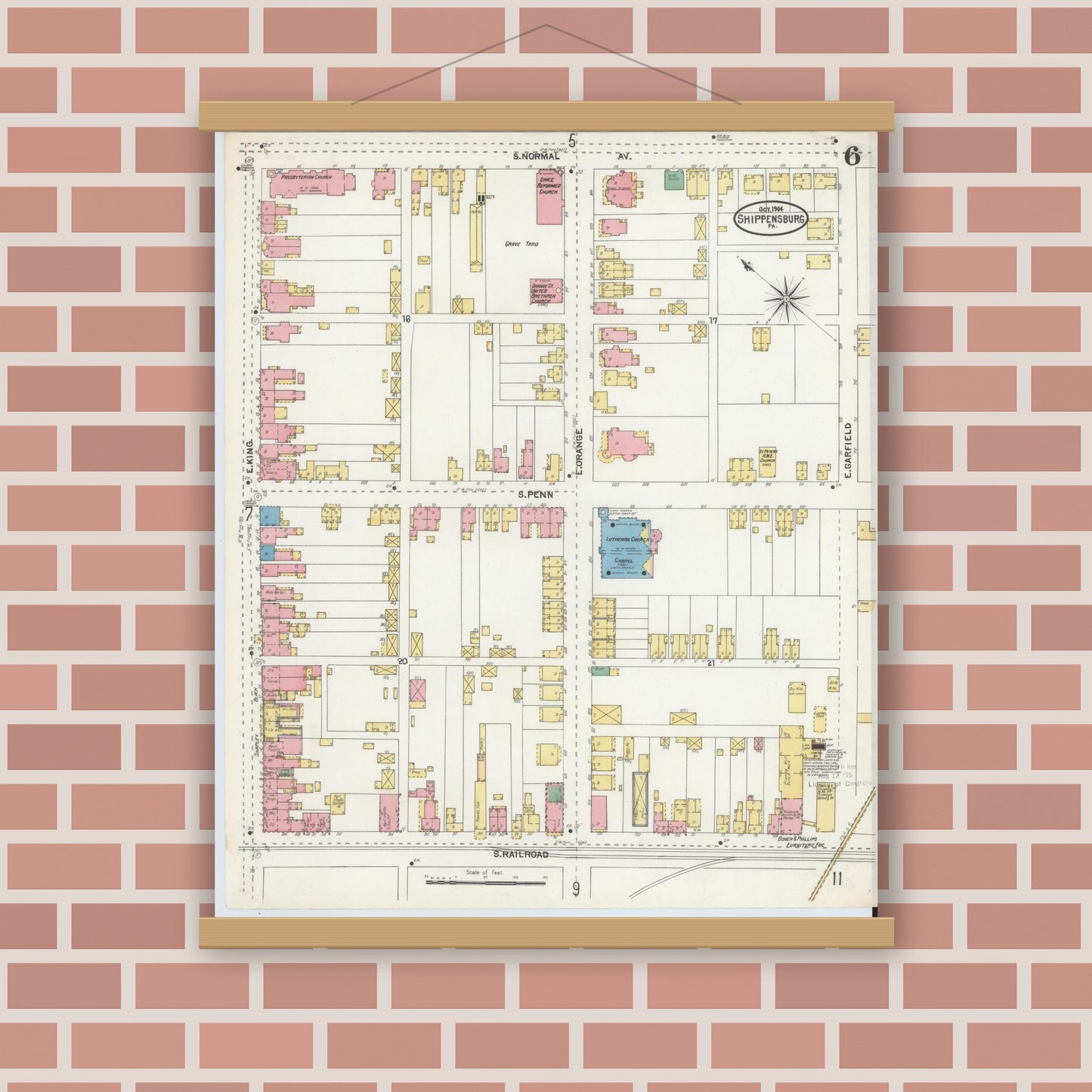 Old map wall art mockup — magnetic wood frame on brick wall — Sanborn Fire Insurance Map from Shippensburg, Cumberland And Franklin Counties, Pennsylvania (1904), Sheet #0006