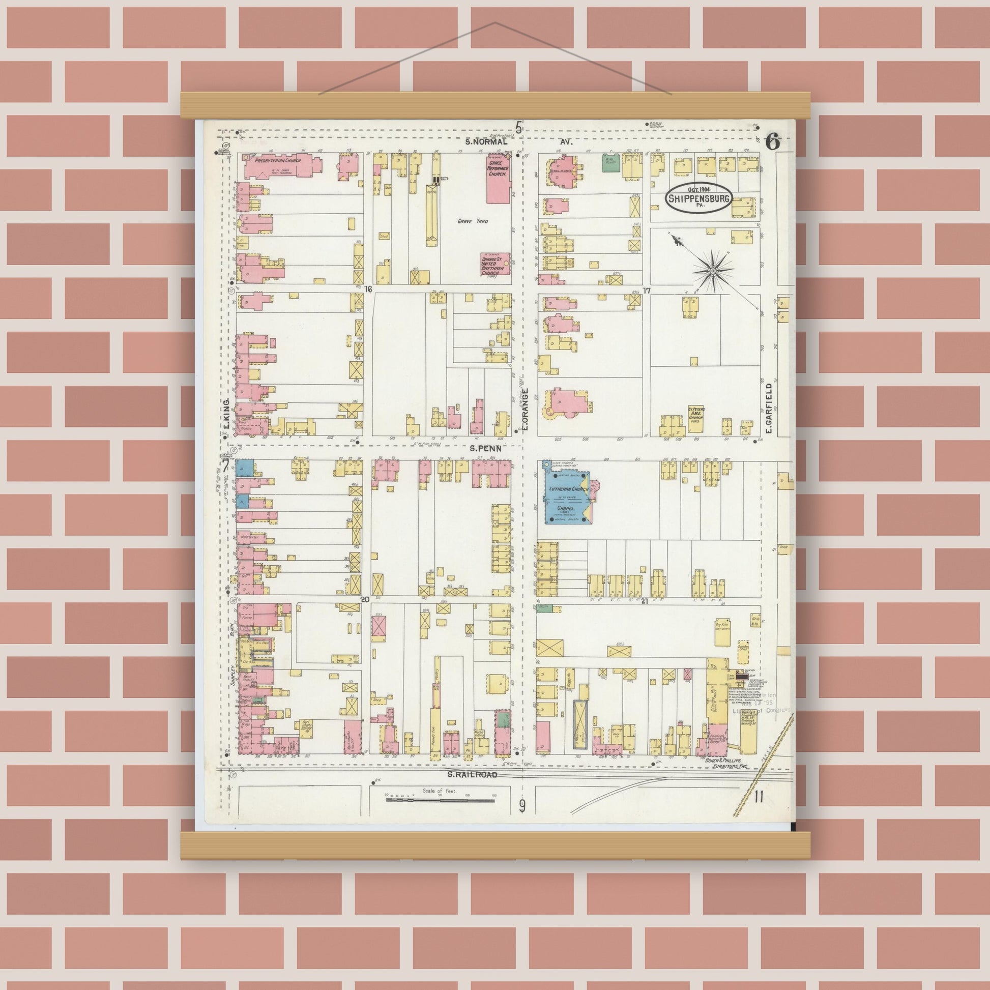 Old map wall art mockup — magnetic wood frame on brick wall — Sanborn Fire Insurance Map from Shippensburg, Cumberland And Franklin Counties, Pennsylvania (1904), Sheet #0006