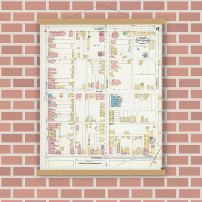 Old map wall art mockup — magnetic wood frame on brick wall — Sanborn Fire Insurance Map from Shippensburg, Cumberland And Franklin Counties, Pennsylvania (1904), Sheet #0006