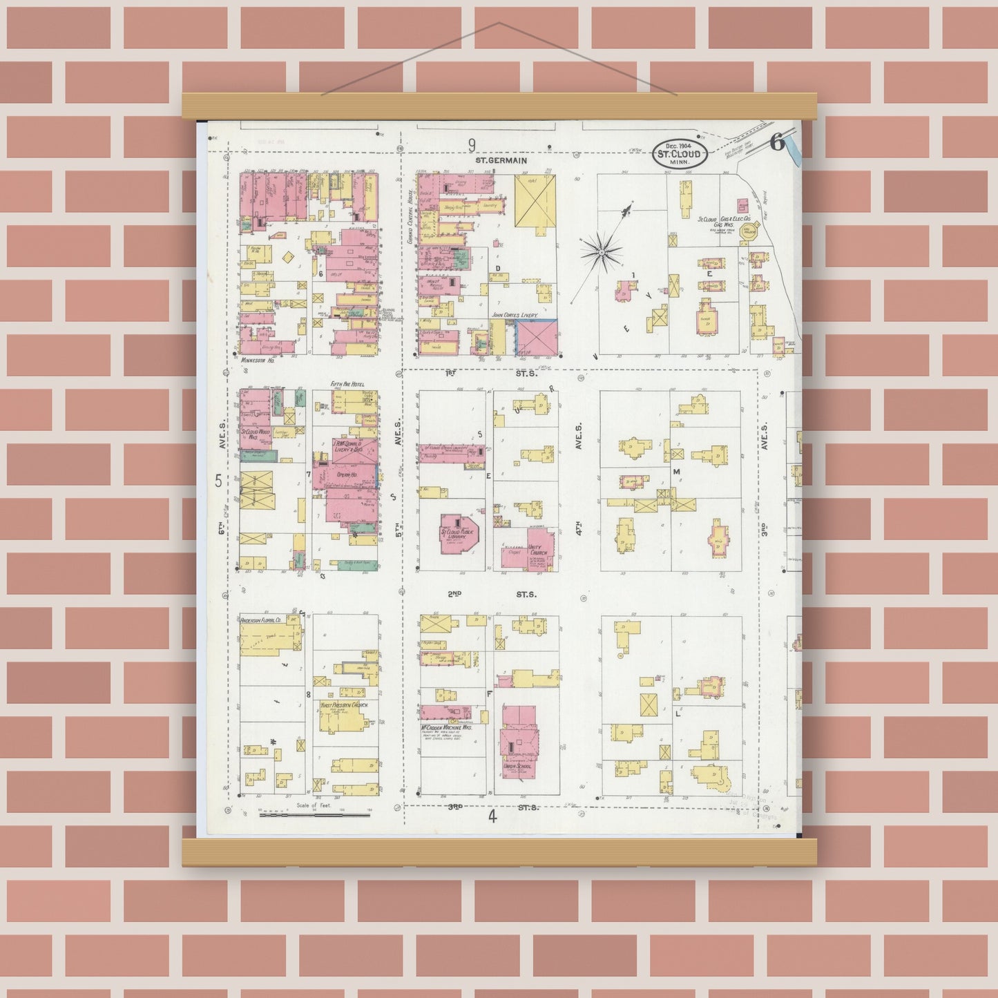 Old map wall art mockup — magnetic wood frame on brick wall — Sanborn Fire Insurance Map from Saint Cloud, Stearns, Benton, and Sherburne Counties, Minnesota (1904), Sheet #0006