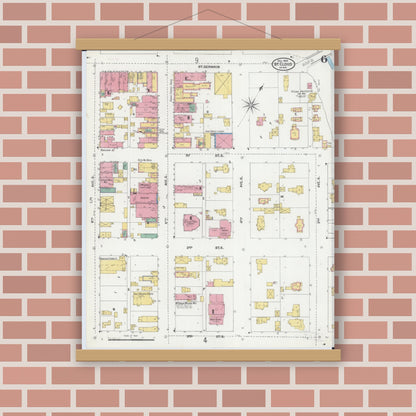 Old map wall art mockup — magnetic wood frame on brick wall — Sanborn Fire Insurance Map from Saint Cloud, Stearns, Benton, and Sherburne Counties, Minnesota (1904), Sheet #0006